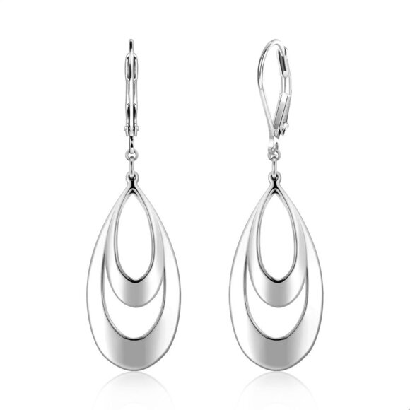 925 Sterling Silver Double Teardrop Leverback Dangle Trendy Earrings for Women - Picture 1 of 6